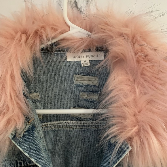 Honey Punch distressed denim jacket, pink fuax fur - Picture 3 of 4